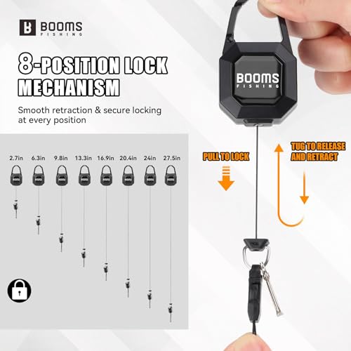 Booms Fishing Locking Zinger Retractor: 2Pack Fly Fishing Retractor - 8oz Retractable Keychain Heavy Duty - RG4 Black Retractable Gear Tether with 27.5" Cord
