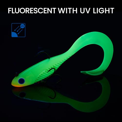 TRUSCEND Duramax TPE Soft Fishing Lures with BKK Hooks, Easy Catch Curly & T-Tail for Trembly Sinking & Vibrating Swim, UV or Glow Effect for All Conditions, Pre-rigged Swimbait for Bass Trout Crappie - color: A4-6'',1-3/4oz
