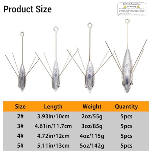 5 Pcs Sputnik Sinker Fishing Weights Lead Surfing Casting Spider Sinkers Long Tail Fishing Equipment for Catfish Saltwater Beach Sand Ocean - size: 5oz - 5pcs