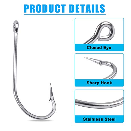 Saltwater Long Shank Fishing Hooks 60pcs Stainless Steel Fishing Hooks O'Shaughnessy J Hooks 34007 Forged Hook Extra Strong Trolling Hooks for Saltwater Freshwater Fishing - size: 2/0#(60pcs per pack)