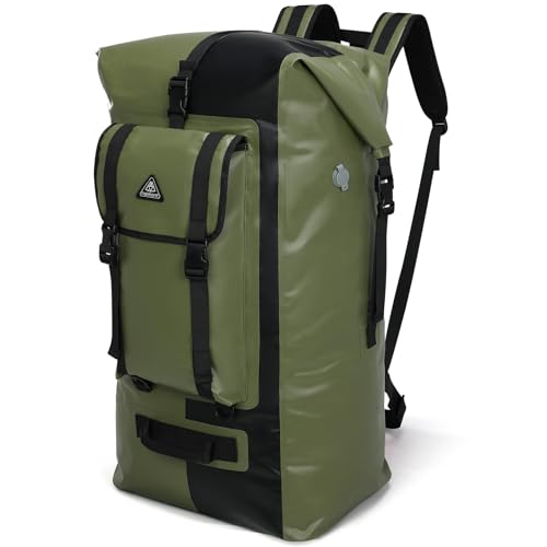Haimont Waterproof Dry Backpack IPX7 Roll-top Dry Large Marine Dry Bag for Men Kayaking Rafting, 100L, Army Green/Black - color: Army Green/Black, size: 100L
