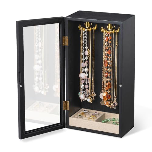 SINGLBA Necklace Holder Organizer, Wooden Jewelry Box for Women Girls, Rotatable Jewelry Organizer Case with Ring Tray Display & Storage for Necklaces Bracelets Rings Earrings, Gifts for Women Her - color: Black