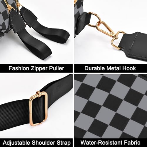 Checkered Nylon Crossbody Bag Bum Bag for Women Mom Large Checkered Fanny Packs with Adjustable Strap - color: Dark Gray Checkered