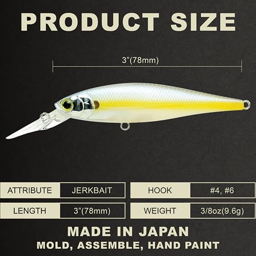 LUCKY CRAFT Pointer 78DD Freshwater Fishing Lure and Gear for Bass & Trout, 3 inch Deep Diving Suspending Jerkbait Fishing Line, Pressure-Ready Fish Bait, Premium Gear for Tackle Box, - color: 380 Silver Cheek Chartreuse Shad