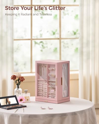 Glimmloop 360° Rotating Jewelry Box with 7 Drawers, Spacious Vertical Jewelry Organizer with Glass Window, Jewelry Storage Case, Dustproof & Moisture-resistant Design, Pink - color: Pink, size: 7 Drawers (6.2"D x 9.2"W x 12.7"H)
