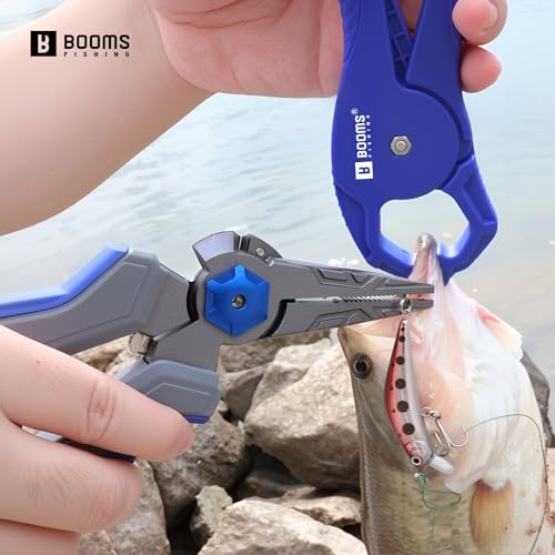 Booms Fishing Pliers Hook Remover: 8.1" Angled Carbon Steel Fish Pliers for Saltwater - Fishing Line Cutter with Lanyard - Braided Cutters & Crimper with Safety Lock, Multi-Function Gear for Men, F09 - style: 8.1" fishing pliers