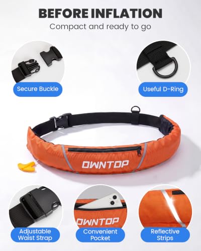 Owntop Manual Inflatable Belt Pack, Adults Swim Jacket with Blowpipe & Whistle, 24g CO2 Cylinder Included, Low Profile for Kayaking, Fishing, Paddle Sports - color: Orange, size: One Size