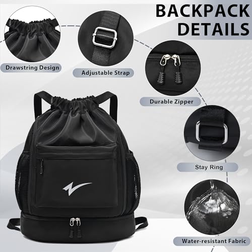 Sport Drawstring Backpack, Gym Bag with Mesh Side Pockets and Separate Shoe Compartment, Water-Resistant (Grey) - color: Grey