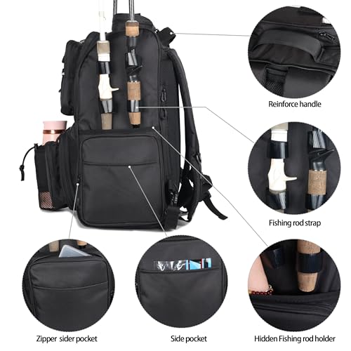 Fishing Tackle Backpack With Rod Holders, Large 40L Fishing Backpack for Camping, Hiking - style: 4 Tackle Boxes Included