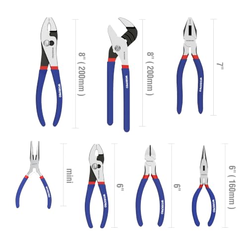 7-piece WORKPRO Pliers Set with Groove Joint, Long Nose, Slip Joint, Linesman, and Diagonal Pliers for DIY & Home Use - color: Red, Blue