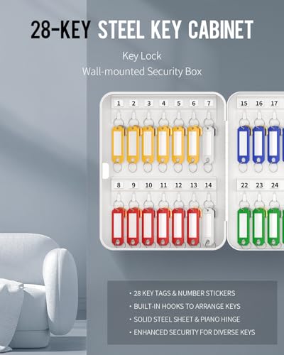 Uniclife 28 Position Key Cabinet with Key Lock Wall Mounted White Security Storage Box Steel Key Organizer with Colorful Key Tag Labels Stickers and Hooks - color: White, size: 28-Key