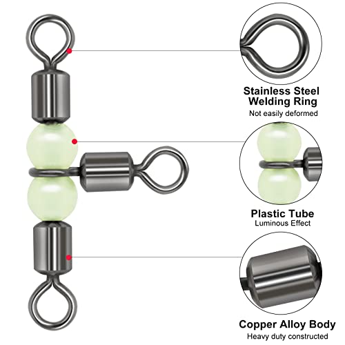 Goture Fishing Swivels, 3 Way Swivels Fishing Tackle, T Shape Cross Line Rolling Swivels with Luminous Beads Saltwater Freshwater,Three Way Fishing Swivels Barrel Swivels for Catfish Rig Surf Rig - color: C:30pcs 3 Way Fishing Swivels-Luminous, size: 7*8