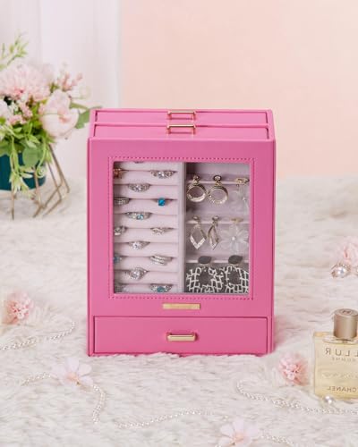 Homde Mothers Day Gifts Jewelry Organizer Girls Women Jewelry Box for Necklaces Rings Earrings Gift Bracelets Storage Case(Pink + Gold) - color: Pink + Gold