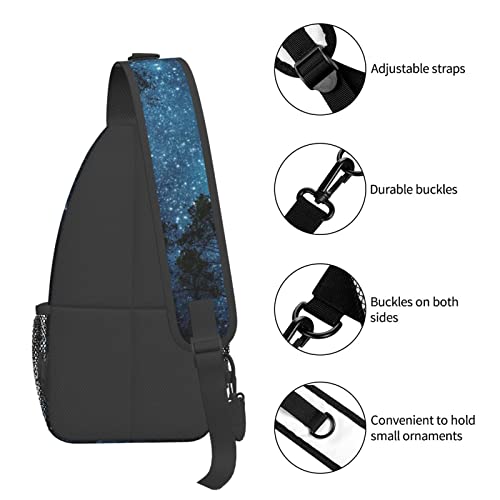 Forest Galaxy Sling Bag Crossbody Backpack for Men Women Night Sky Milky Way Tree Forest with Starry Chest Bag Adjustable Casual Shoulder Backpack Dark Blue Gym Travel Hiking Daypack - color: Night Sky Tree Forest With Starry