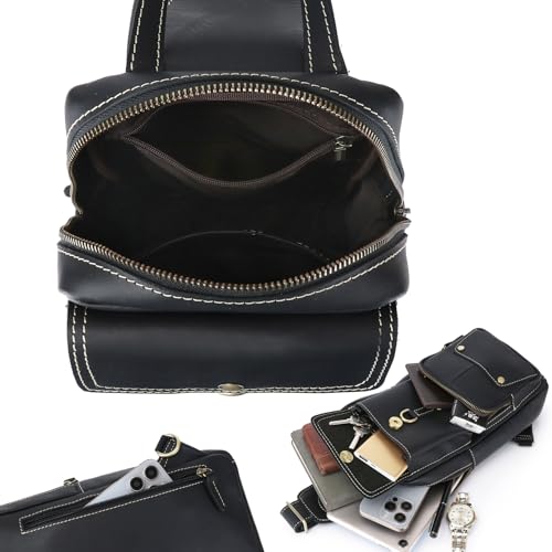 Genuine Leather Sling Bag for Men Women Shoulder Backpack Satchel Crossbody Chest Casual Outdoor Daypack - color: #03black