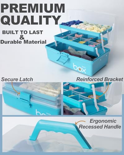 TERGOO 12in 3-Layer Plastic Craft Organizers and Storage, Portable Folding Tackle Box with Handle & Adjustable Dividers, Multipurpose Case for Sewing, Art Supplies, Medicine, Tools (Blue) - color: Blue