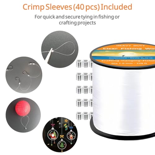 Aboda Clear Fishing Line 0.2-1 mm, Strong Invisible Nylon Fishing Wire 8-100 lb Test Includes Crimp Sleeves, Clear String for Hanging Decorations Balloons Garlands Beading Crafts & Jewelry - size: 1mm, 328ft, 100lb