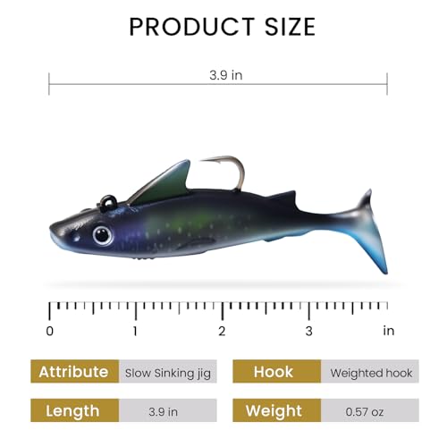 Pristis 6 pcs Sharkita Jig Head Soft Fishing Lures, Plastic Pre-Rigged Paddle Tail Shark Shad Swimbaits, Durable Sinking Worm Bait Set Gear Kit for Saltwater Freshwater Bass Crappie Walleye Trout - color: Tiger Shark