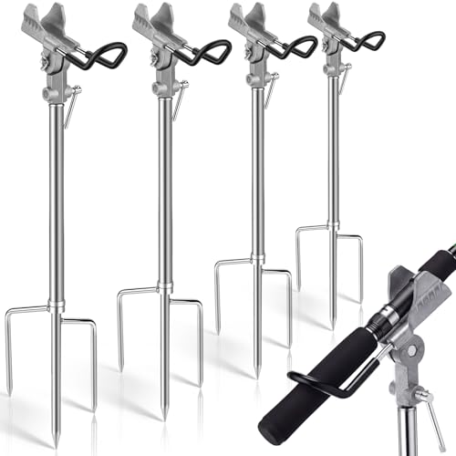 Lounsweer 4 Pcs Fishing Rod Holders 360 ° Adjustable Fishing Pole Holders Multifunctional Stainless Steel Ground Fish Rod Pole Brackets for Detachable Fish Equipment Lakes Rivers Gifts Men - color: silver