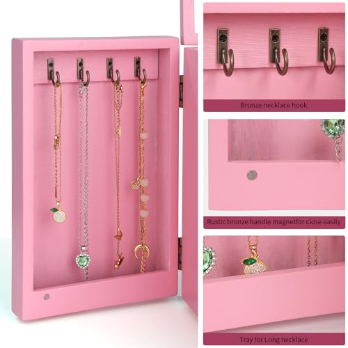 Meangood Jewelry Box Wood for Wowen, 5-Layer Large Organizer Box with Mirror & 4 Drawers for Rings, Earrings, Necklaces, Pink - color: 5 Layer Pink, size: 5 Layer