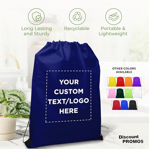 DISCOUNT PROMOS Custom Non-Woven Drawstring Backpacks Set of 10/50/100, Personalized Bulk Pack - color: Navy Blue, size: 10/50/100