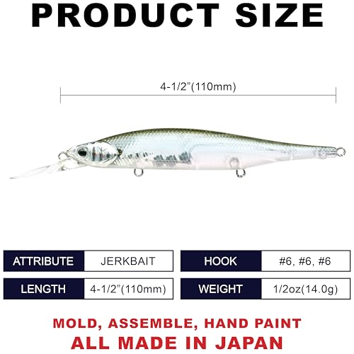 LUCKY CRAFT Lightning Pointer 110DD Deep Diver Freshwater Bass Fishing Lures, Jerkbait Suspending Fishing Lure for Bass & Walleye Fish, Long Casting Fish Gear Accessories for Tackle Box, - color: 283 Silver Cheek Ghost Minnow