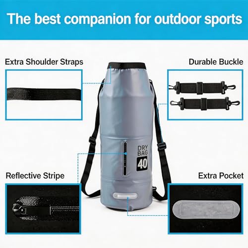 40L Waterproof Dry Bag - Floating Heavy Duty PVC Dry Sack - for Boating, Fishing & Beach - Backpack Style Waterproof Bag for Men & Women - color: Grey, size: 40L
