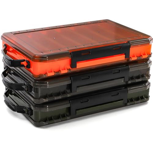 Noamus 3 Pack Double Sided Fishing Lure Boxes, 14 Compartments Fishing Tackle Organizer with 2 Buckle, Plastic Clear Storage Case, Visible Hard Bait Container for Jewelry Beads Earring Hook(3 Color)