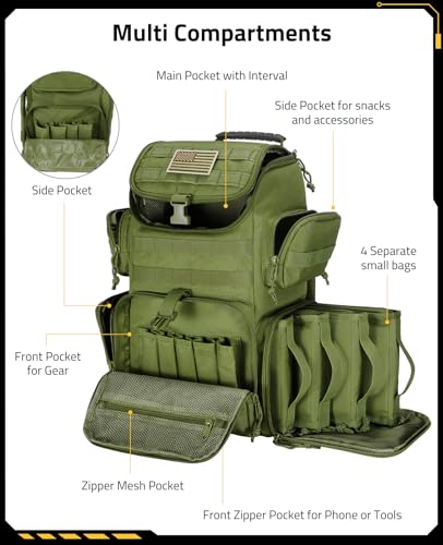 CVLIFE Tactical Range Backpack with Removable Divider, Gun Cases Bag with 4 Pistol Carrying Cases, Rucksack for Shooting (Army Green, Medium) - color: Army Green