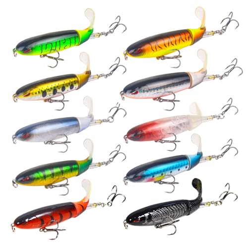 10Pcs Whopper Fishing Lure for Bass Popper Top Water Fishing Lures with Floating Rotating Tail Barb Treble Hooks in Saltwater Freshwater Plopping Lures Kit
