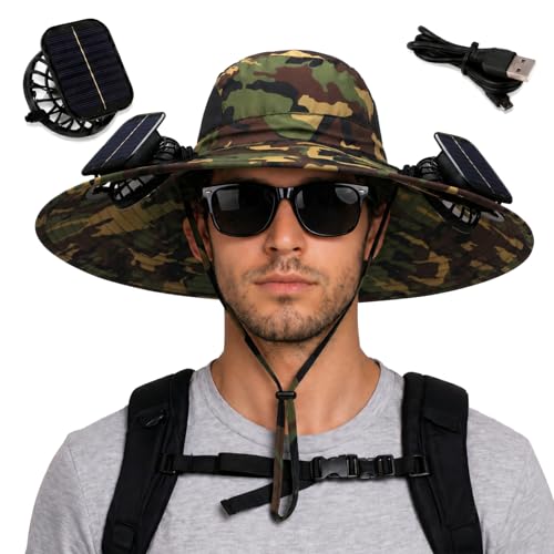 Berlune Sun Hat with 2 Solar Fan Wide Brim Fishing Bucket Hat USB & Solar for Men Women UPF 50+ Cooling for Fishing Beach - color: Camouflage Army Green, size: 5.9 Inch Brim