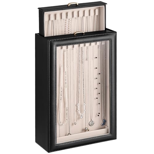Lolalet Necklace Organizer Box, Jewelry Storage Box with Clear Window for Necklaces Bracelets, Tangle-Free Necklace Display Case for Women Girls, Black, 2 Layers 20 Hooks - color: Black, size: 2 Layers, 20 Hooks