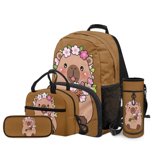 4 PCS Backpacks for Kids Capybara Backpack School Bag with Reusable Lunch Box Water Bottle Carrier Bag Pencil Case Set Preschool Kindergarten - color: Capybara Print
