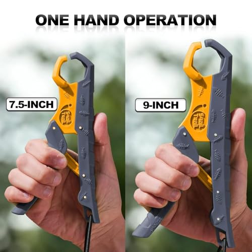 SNAIL TRAIL 7.5''/9'' Floating Fish Gripper, Fishing Grabber, Catfish Mouth Pliers, Caught Bass Holder, Digital Scale Hook Clamp, Saltwater Lip Grip Tool with Lanyard, Gifts for Men, Gray-Yellow - color: Gray-yellow, size: 7.5"