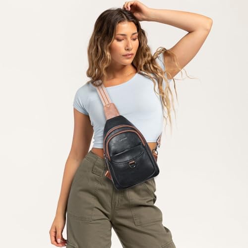 LATMAP 7L Sling Bag for Women Men Crossbody Belt Bag Small Travel Sling Backpack Anti Theft Chest Daypack Purse Faux Leather - color: Black With Brown