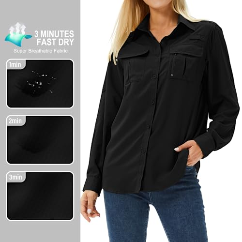 Women's UPF 50 Long Sleeve Sun Protection Shirts Safari Fishing Hiking - color: Black, size: X-Large