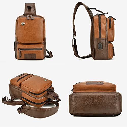 Genuine Leather Sling Bag for Men Women Shoulder Backpack Satchel Crossbody Chest Casual Outdoor Daypack - color: #06brown