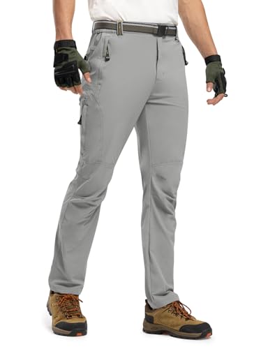 TBMPOY Men's Lightweight Hiking Pants with Belt 5 Zip Pockets Waterproof Quick-Dry Travel Fishing Work Outdoor Pants - color: A7-thin Light Gray, size: Large