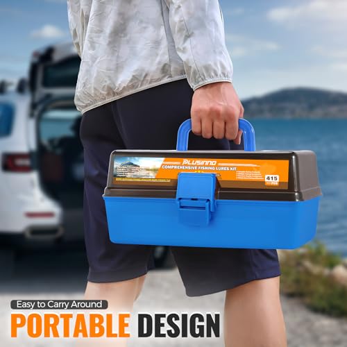 PLUSINNO Large 3 Layers Fishing Tackle Box with Tackle Included, 415Pcs Fishing Lures Kit Contains Pliers, Crankbait, Weights, Accessories, Portable Fishing Gear Gifts for Men Starter Kits Bass Trout - color: Blue