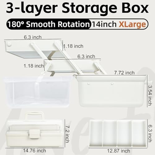TERGOO 14in 3-Layer Multipurpose Craft Organizers and Storage with Adjustable Dividers, Portable Tackle Box, Folding Art & Craft Case for Medicine, Tool, Sewing Organizer (White, X-Large) - color: White, size: X-Large