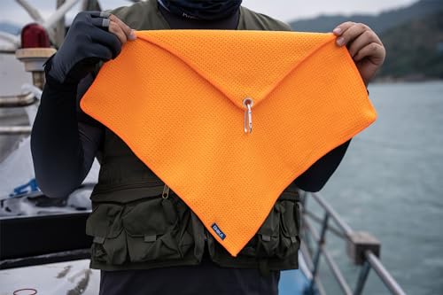Microfiber Fishing Towels with Clip, Waffle Pattern for Effective Cleaning of Fishing Gears or Dirty Hands, 16” x 16”, Camping Towels, Hiking Towels, Pack of 3 (Orange) - color: Orange