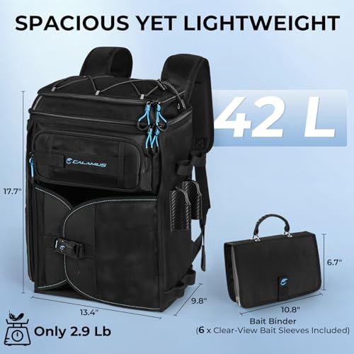Calamus GearMaster Tackle Backpack with Bait Binder, Large Lightweight Water-Resistant Fishing Bag, Rod Holders, Food Storage - color: Black