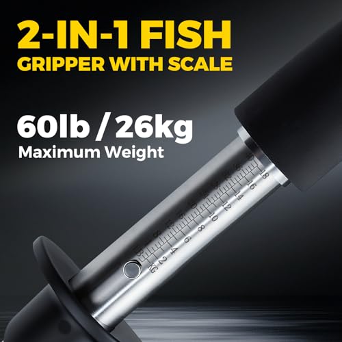 2-in-1 Fish Lip Gripper, 12" Stainless Steel Fish Gripper with Scale, 60lb Weighing Fish Grabber, 360° Non-Slip Swivel Handle, Tool for Saltwater & Freshwater - size: 12"
