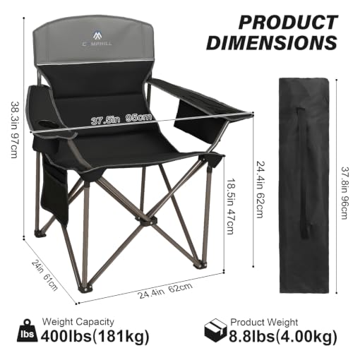 Oversized Camping Chairs 2 Pack - Heavy Duty 400LBS Padded Lawn Chair with Cooler Bag,Cup Holder,Side Pocket,Collapsible for Outdoor,Camp,Fishing & Garden,Black - color: Black