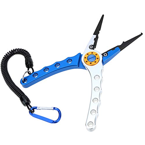 Lixada Fishing Pliers Saltwater Aviation Aluminum with Sheath and Lanyard - Braid Cutters Split Ring Pliers Hook Remover Line Cutting Stainless Steel Jaw Fish Holder, Durable & Lightweight - color: Blue & Silver