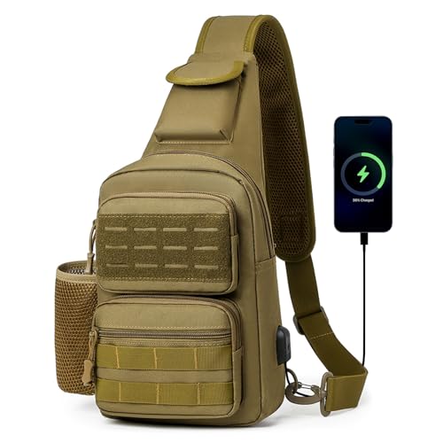 HUNTVP Tactical Sling Bag Crossbody Bag for Men Women EDC Shoulder Bags Molle Sling Backpack Chest Pack for Hiking Hunting Travelling Camping (Type3-Brown) - color: Type3-brown