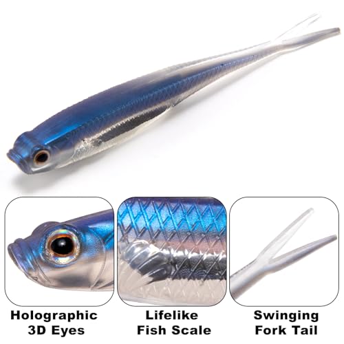 Dr.Fish Soft Plastic Baits, Fork Tail Soft Jerkbait Minnow Lures, 3 to 4-3/4 Inches Soft Swimbaits Jerk Shad Baits Crappie Bass Fishing Lures - color: Light Brown, size: 3"-6 Pack