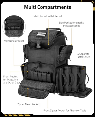CVLIFE Tactical Range Backpack with Removable Divider, Gun Cases Bag with 4 Pistol Carrying Cases, Rucksack for Shooting (Black, Medium) - color: Black