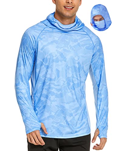 COOrun Men's Hooded Sun Shirts with Mask Fishing Shirts for Men Long Sleeve UPF 50 Rash Guards Cooling Hoodies Hiking Shirts - color: Blue, size: X-Large