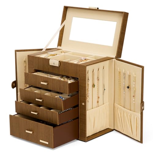 Homde Synthetic Leather Huge Jewelry Box Mirrored Watch Organizer Necklace Ring Earring Storage Lockable Gift Case (Brown + Gold) - color: Brown + Gold